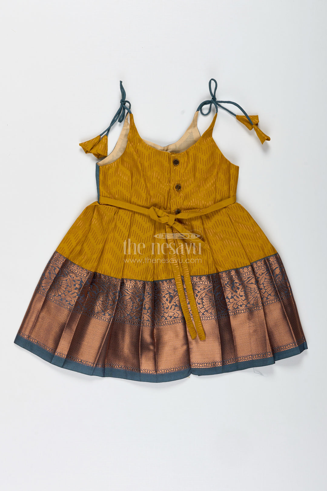 Girls Mustard And Brown Tie-Up Frock In Semi Kanchipuram Silk Ethnic Festive Wear