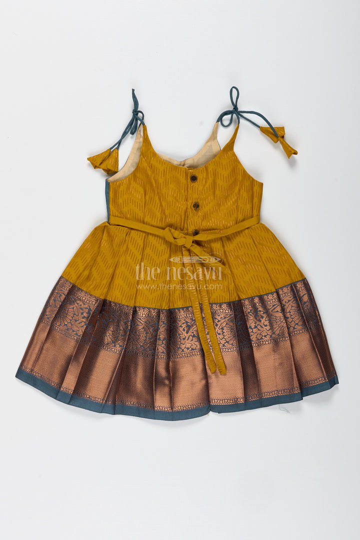 Girls Mustard And Brown Tie-Up Frock In Semi Kanchipuram Silk Ethnic Festive Wear
