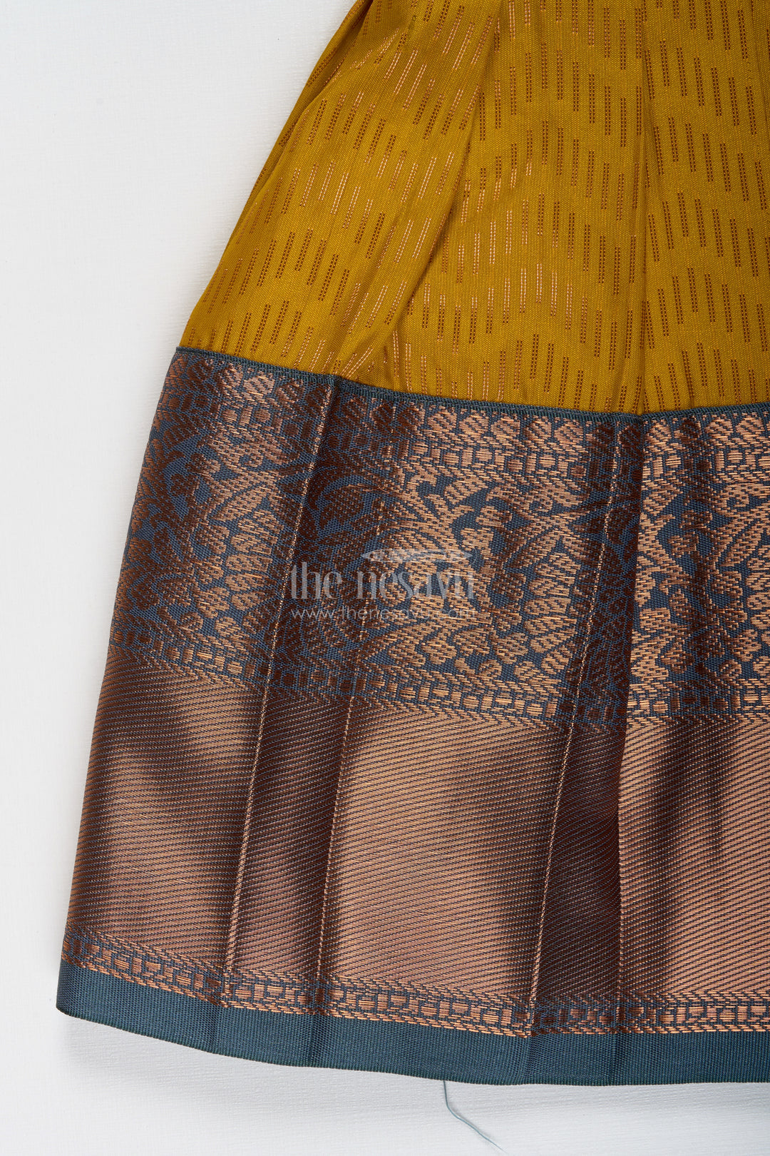 Girls Mustard And Brown Tie-Up Frock In Semi Kanchipuram Silk Ethnic Festive Wear