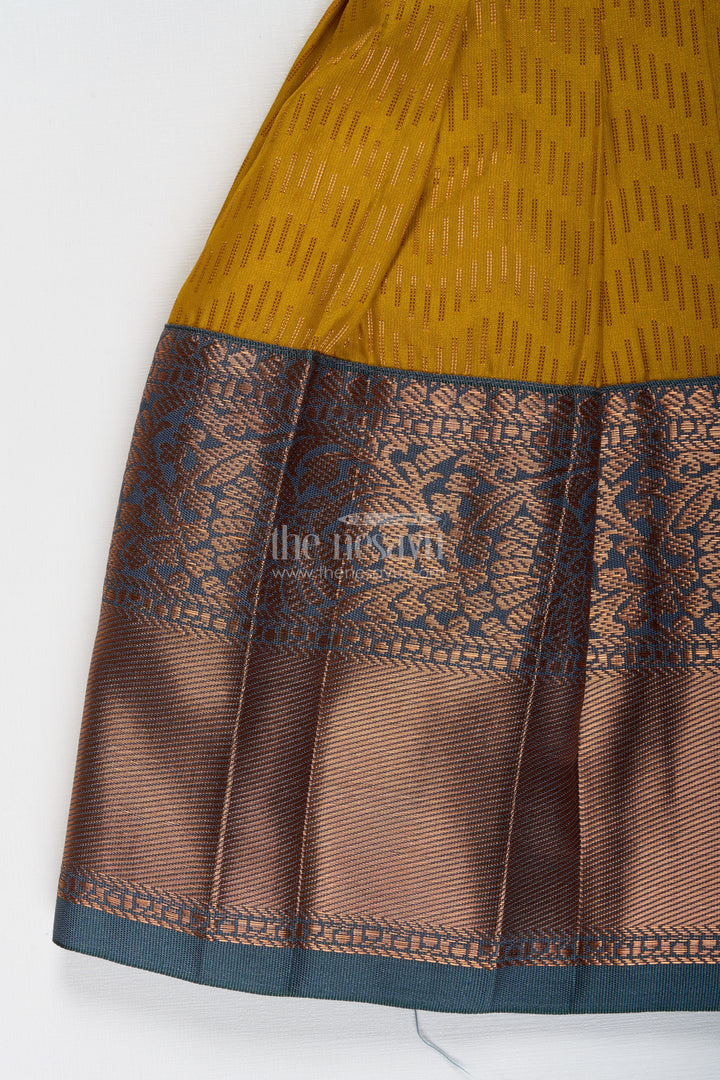 Girls Mustard And Brown Tie-Up Frock In Semi Kanchipuram Silk Ethnic Festive Wear