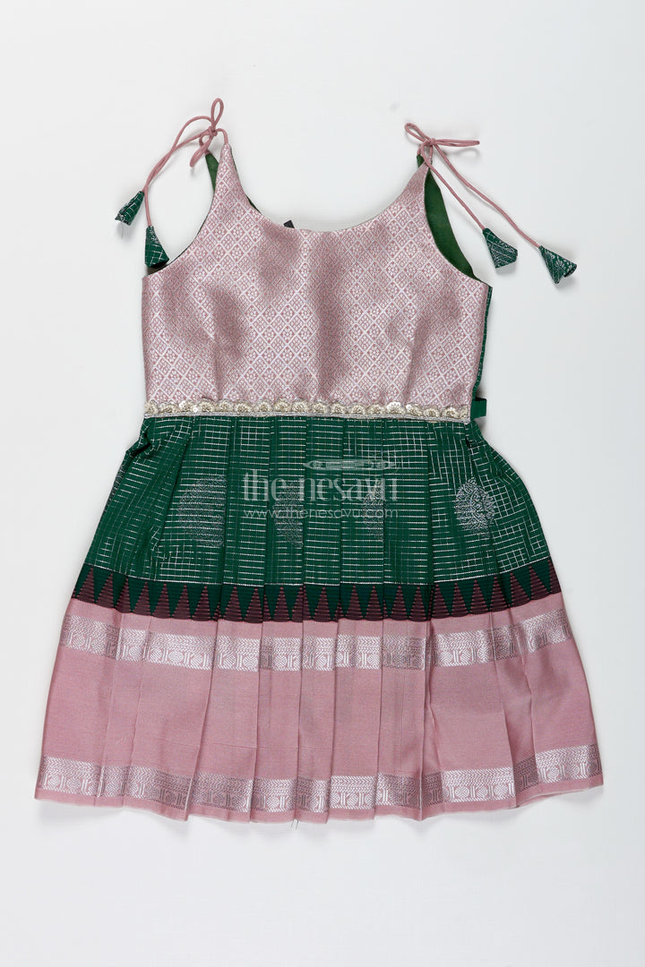 Green And Blush Pink Semi Silk Frock For Baby Girls Traditional Festive Outfit