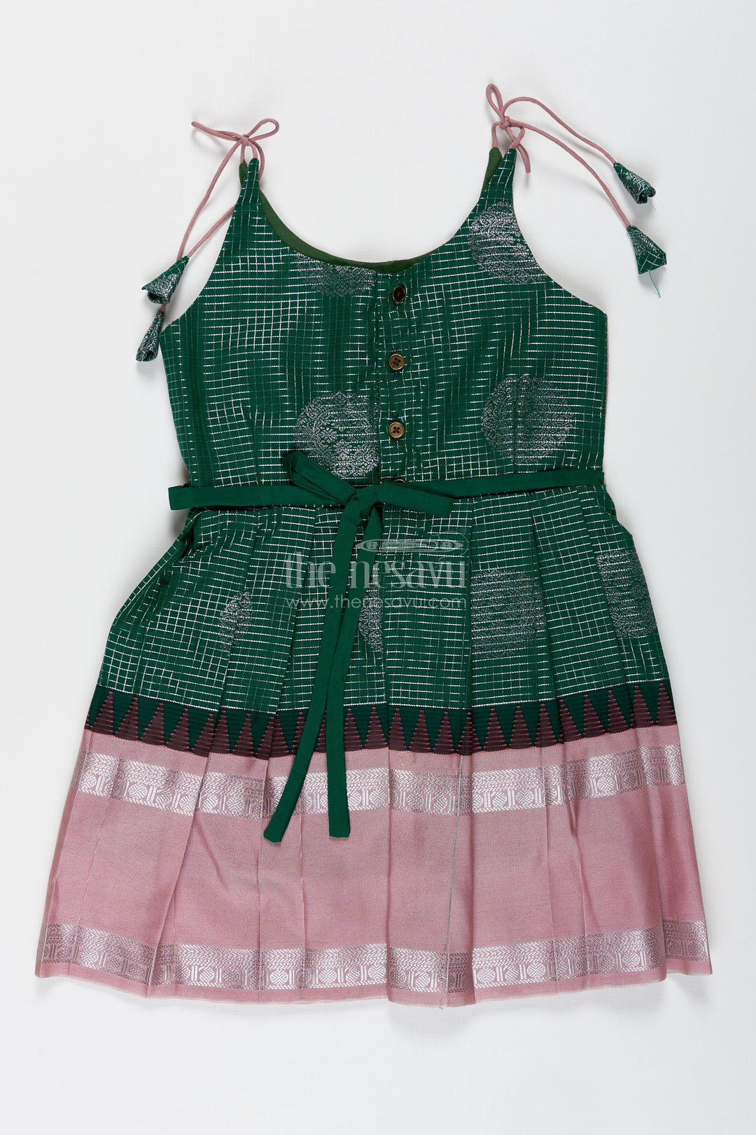 Green And Blush Pink Semi Silk Frock For Baby Girls Traditional Festive Outfit