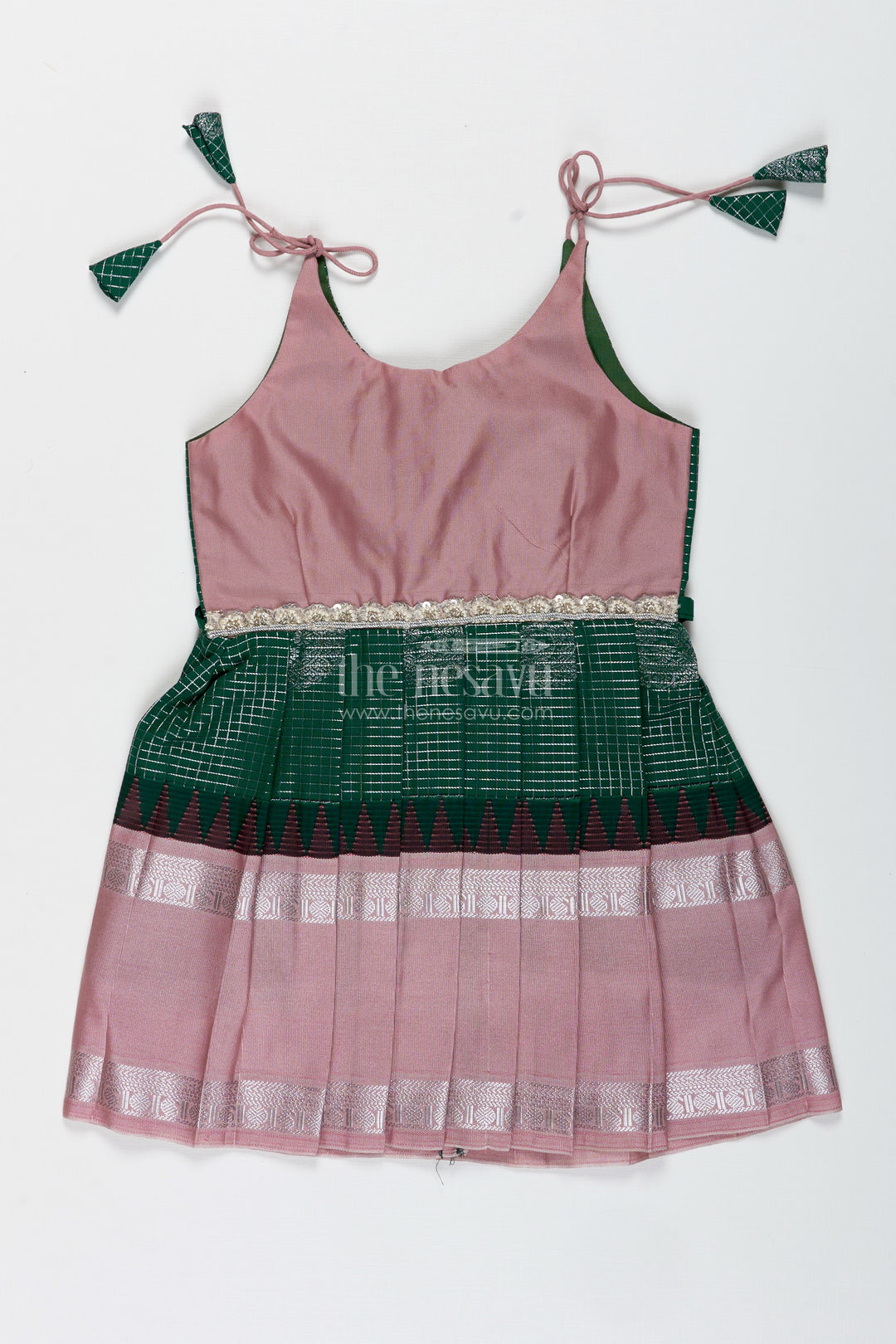 Green And Blush Pink Semi Silk Frock For Baby Girls Traditional Festive Outfit