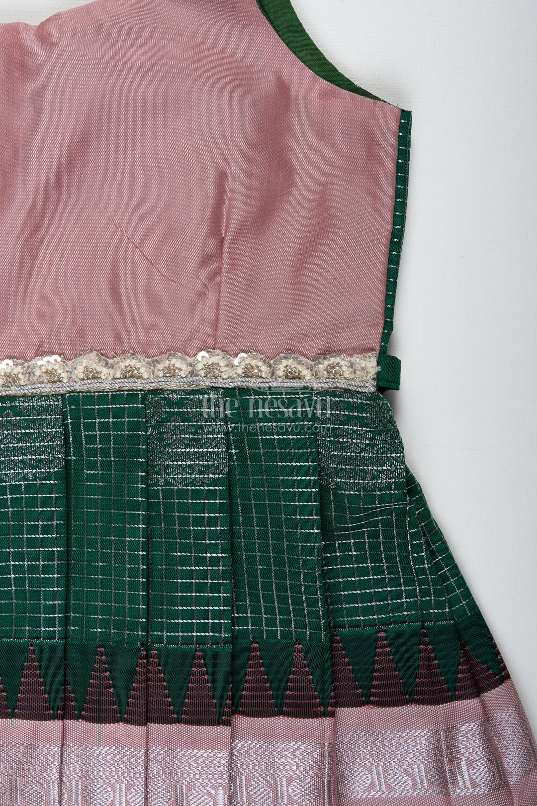 Green And Blush Pink Semi Silk Frock For Baby Girls Traditional Festive Outfit