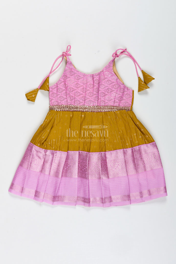 Pink And Mustard Frock For Baby Girls In Semi Silk Ideal For Birthdays And Traditional Gatherings