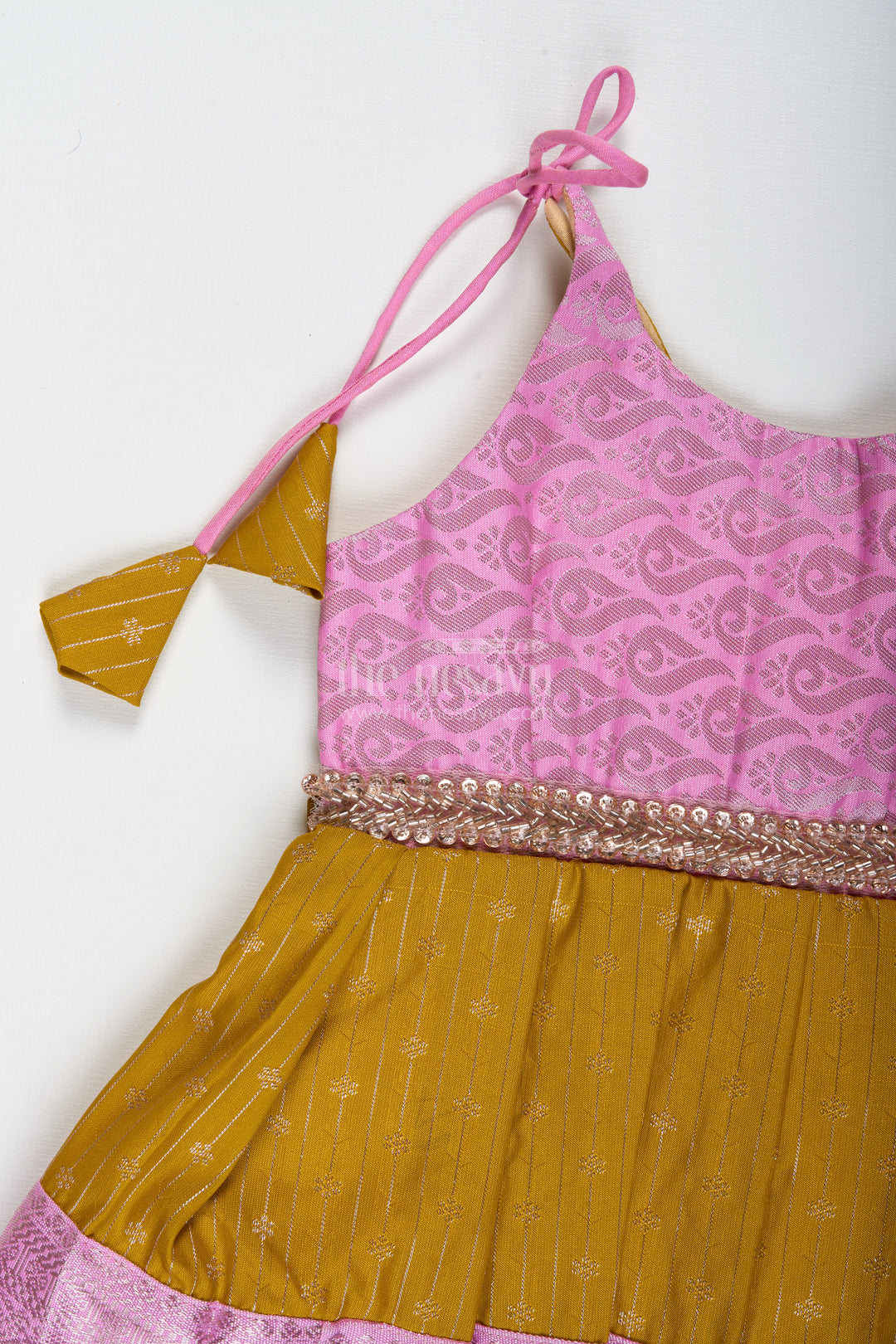 Pink And Mustard Frock For Baby Girls In Semi Silk Ideal For Birthdays And Traditional Gatherings