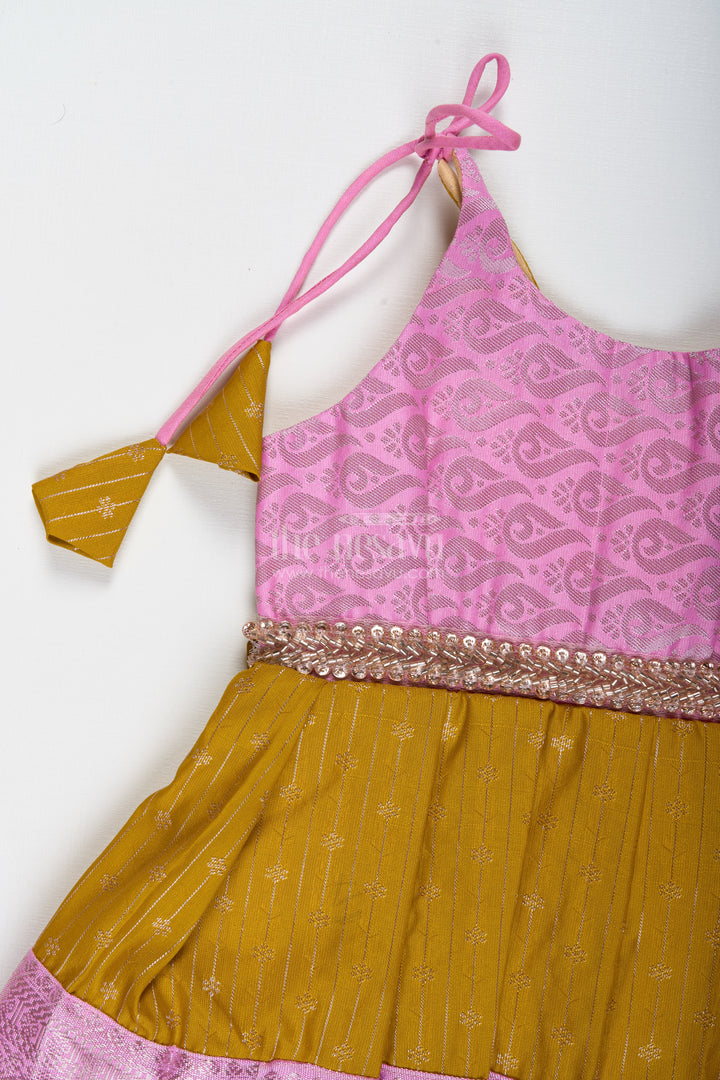 Pink And Mustard Frock For Baby Girls In Semi Silk Ideal For Birthdays And Traditional Gatherings