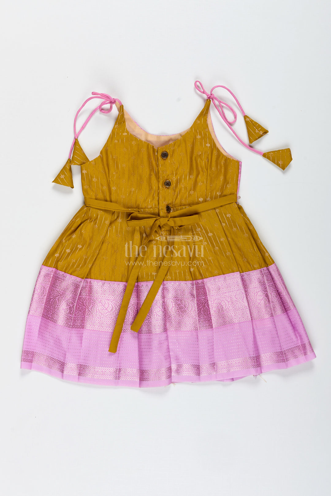 Pink And Mustard Frock For Baby Girls In Semi Silk Ideal For Birthdays And Traditional Gatherings