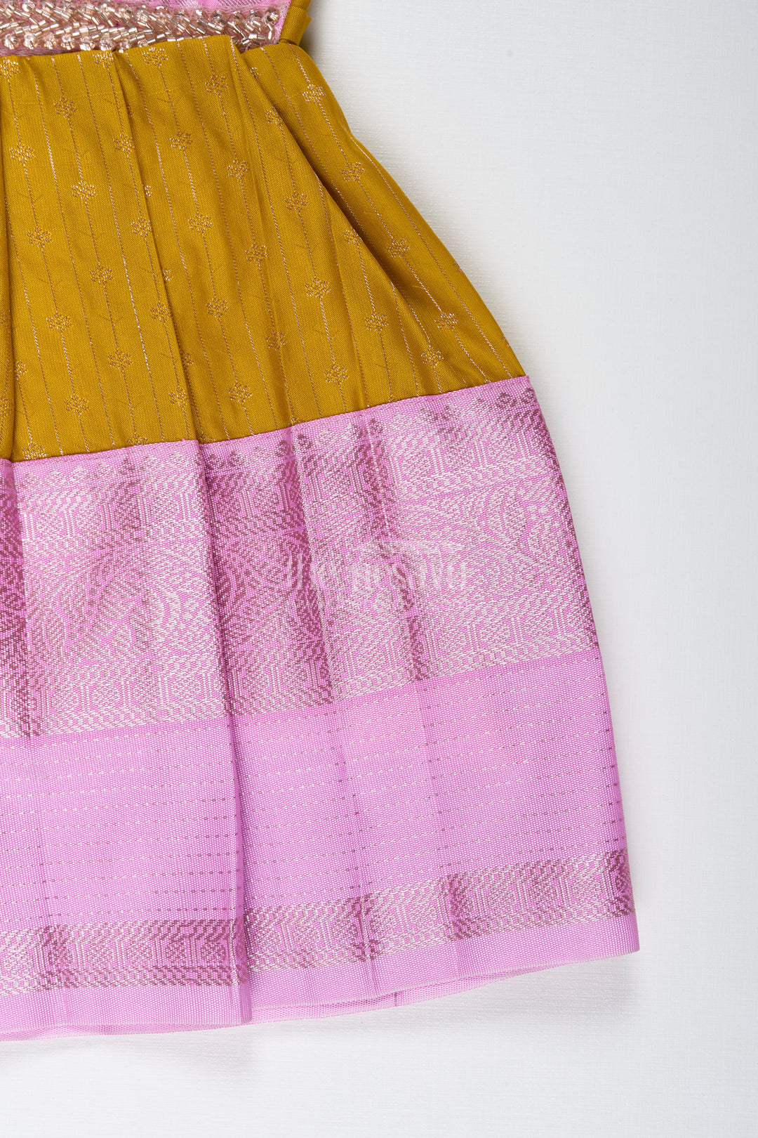 Pink And Mustard Frock For Baby Girls In Semi Silk Ideal For Birthdays And Traditional Gatherings