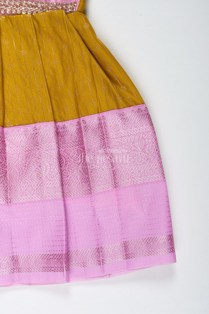 Pink And Mustard Frock For Baby Girls In Semi Silk Ideal For Birthdays And Traditional Gatherings