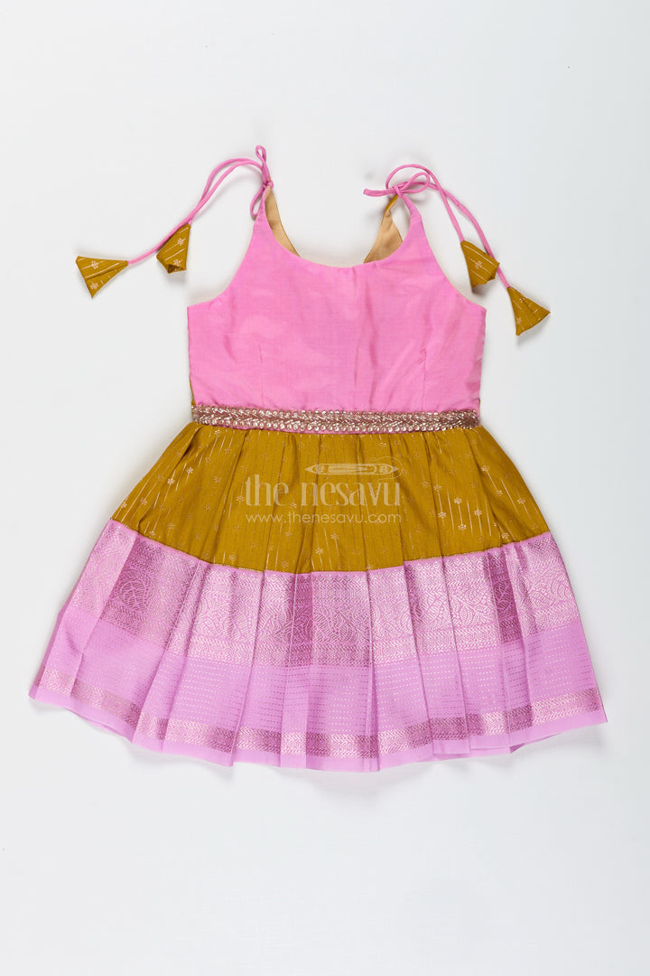 Pink And Mustard Frock For Baby Girls In Semi Silk Ideal For Birthdays And Traditional Gatherings