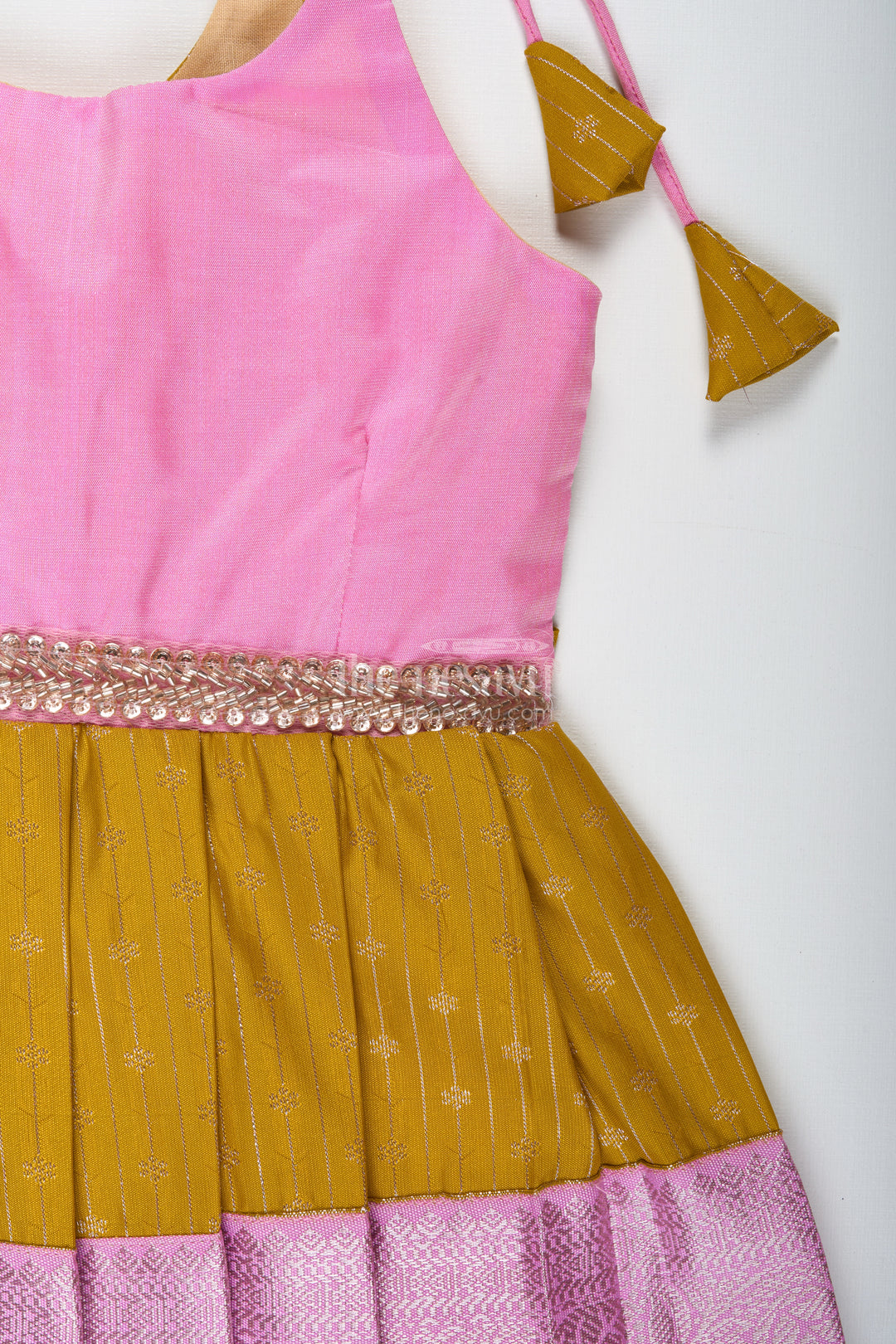 Pink And Mustard Frock For Baby Girls In Semi Silk Ideal For Birthdays And Traditional Gatherings