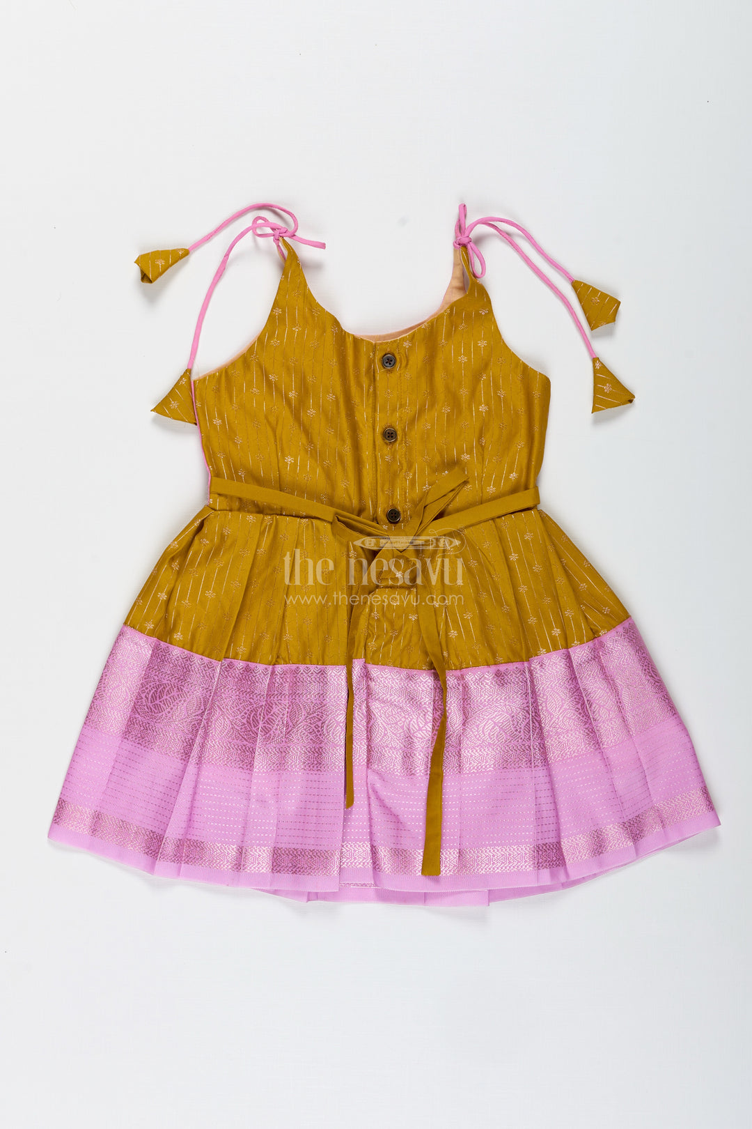 Pink And Mustard Frock For Baby Girls In Semi Silk Ideal For Birthdays And Traditional Gatherings