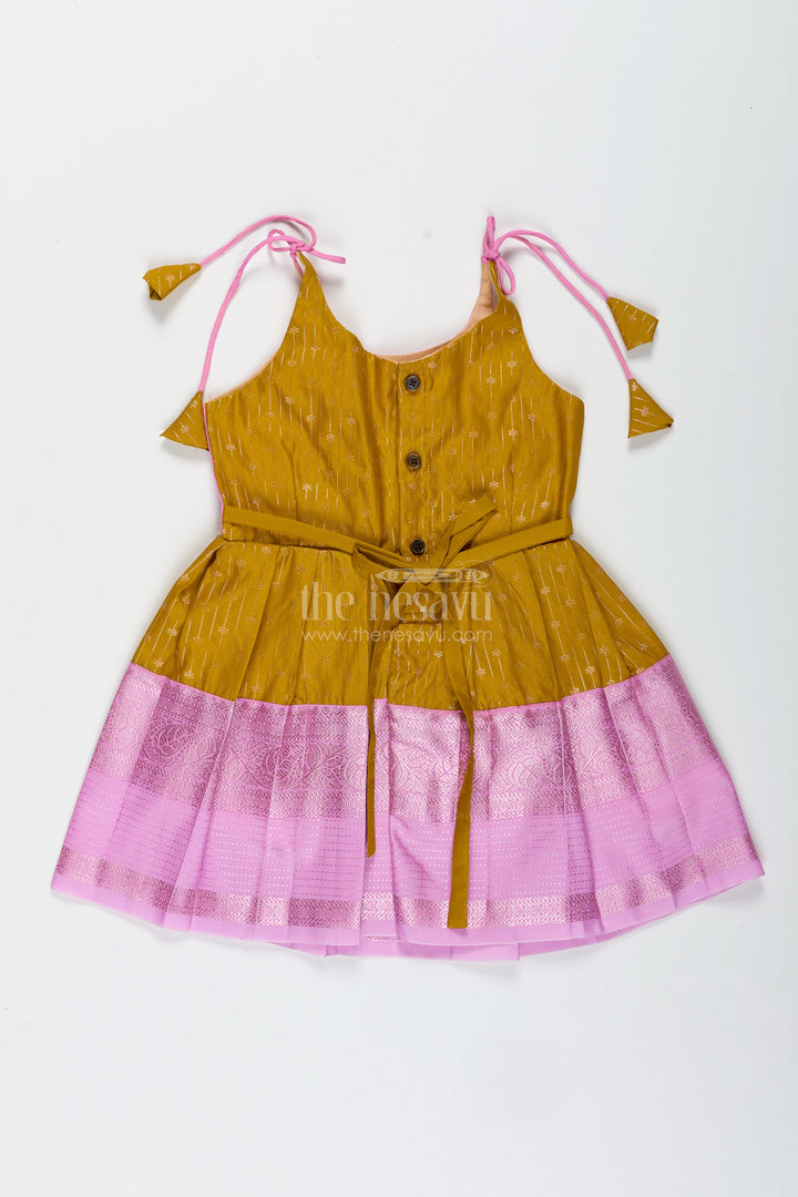 Pink And Mustard Frock For Baby Girls In Semi Silk Ideal For Birthdays And Traditional Gatherings