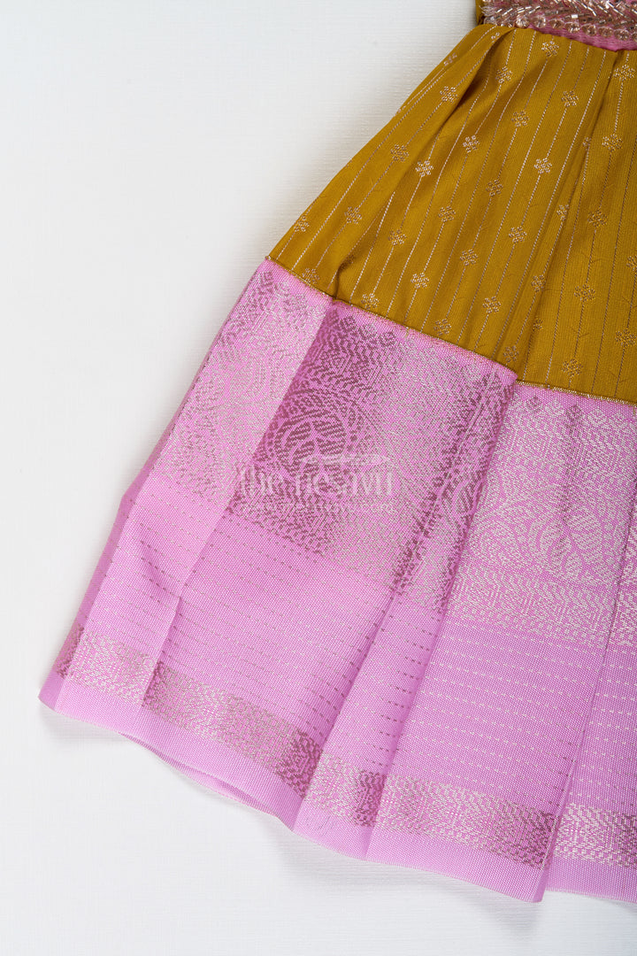 Pink And Mustard Frock For Baby Girls In Semi Silk Ideal For Birthdays And Traditional Gatherings