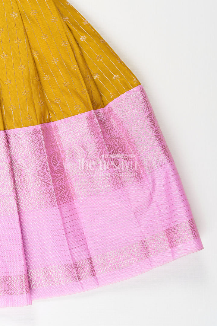 Pink And Mustard Frock For Baby Girls In Semi Silk Ideal For Birthdays And Traditional Gatherings