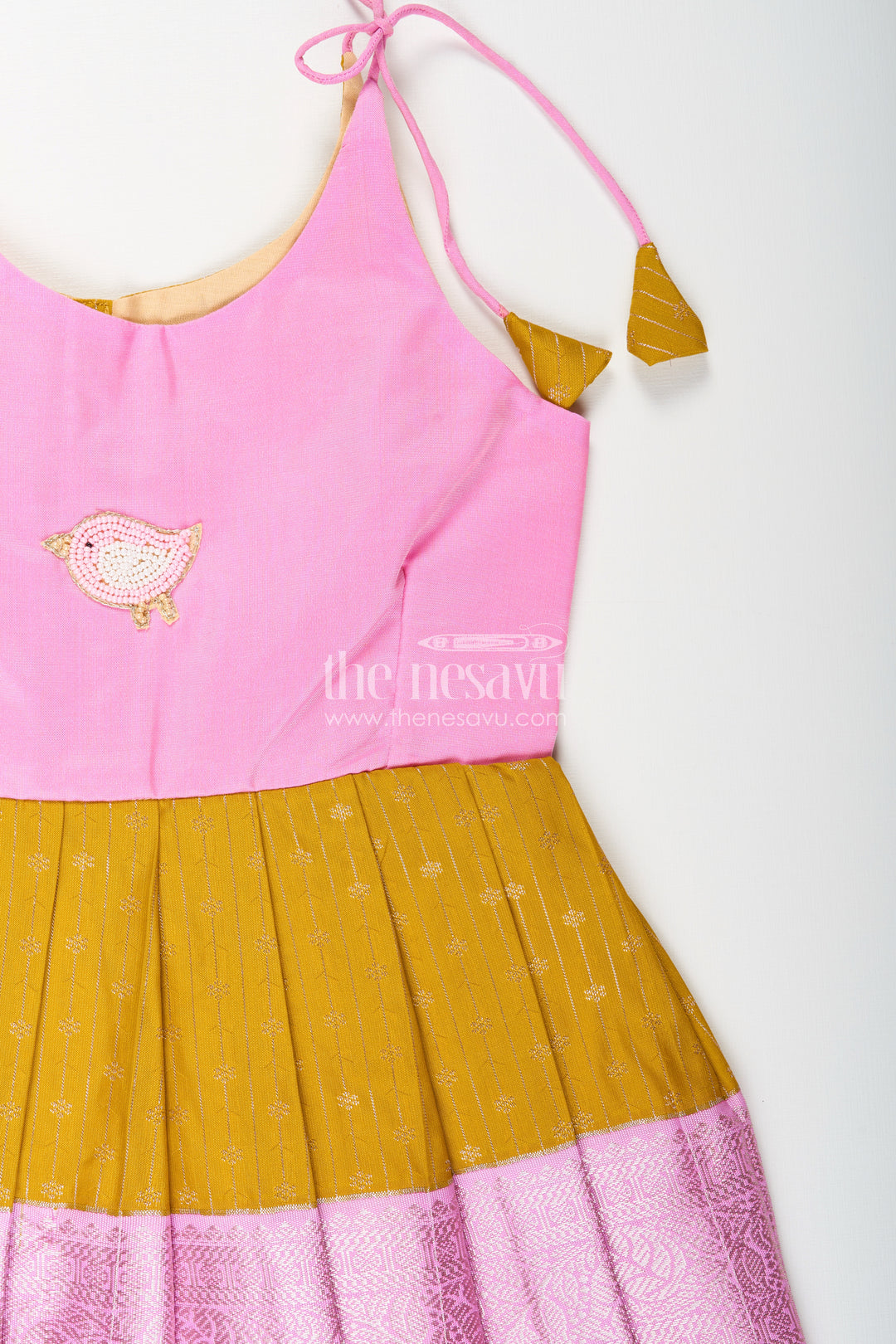 Pink And Mustard Frock For Baby Girls In Semi Silk Ideal For Birthdays And Traditional Gatherings