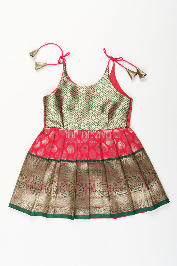 Semi Banaras silk tie-up frock for baby girl – green and red ethnic dress