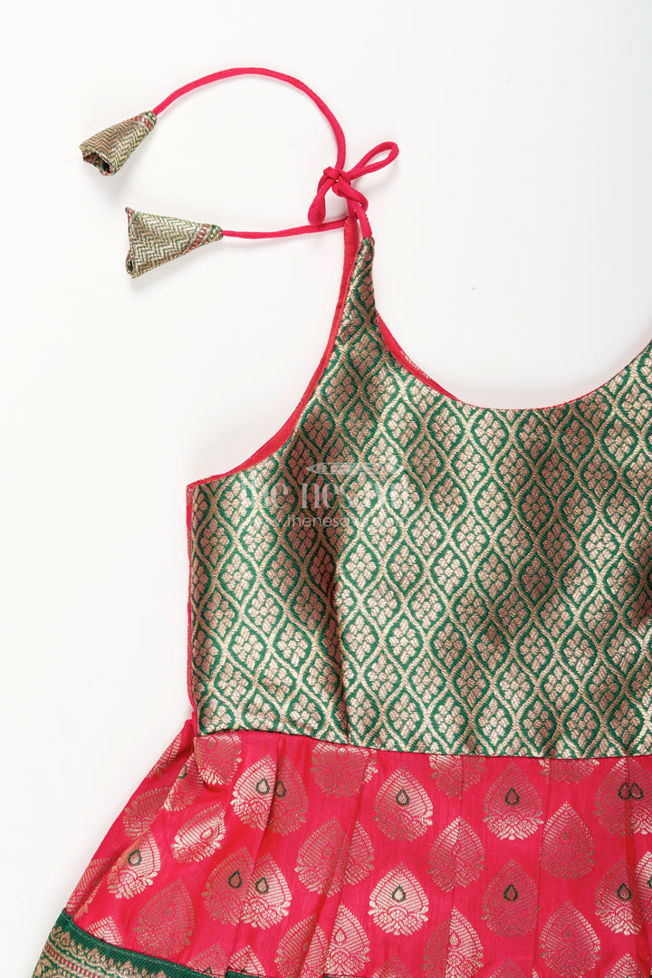 Semi Banaras silk tie-up frock for baby girl – green and red ethnic dress