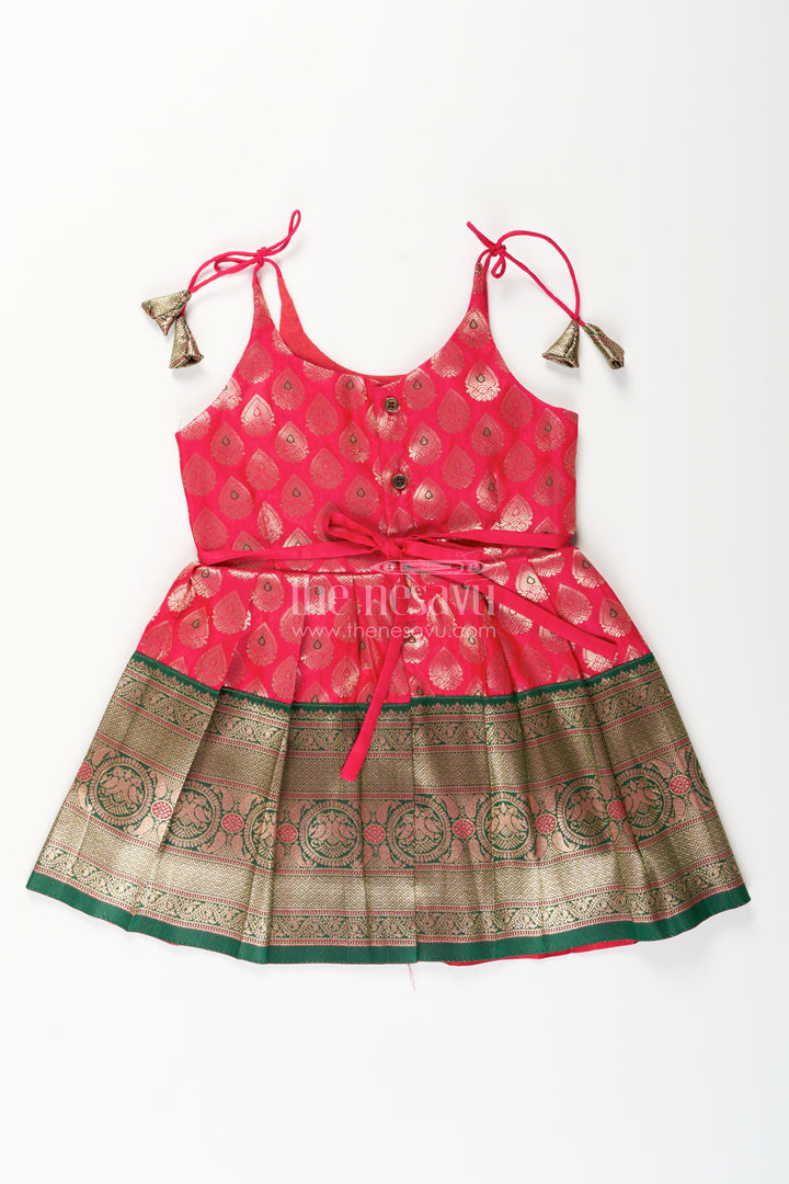 Semi Banaras silk tie-up frock for baby girl – green and red ethnic dress