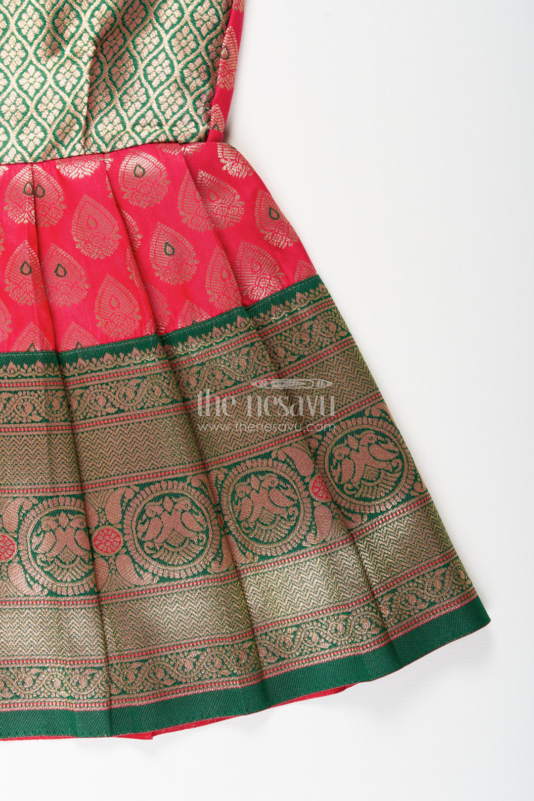 Semi Banaras silk tie-up frock for baby girl – green and red ethnic dress