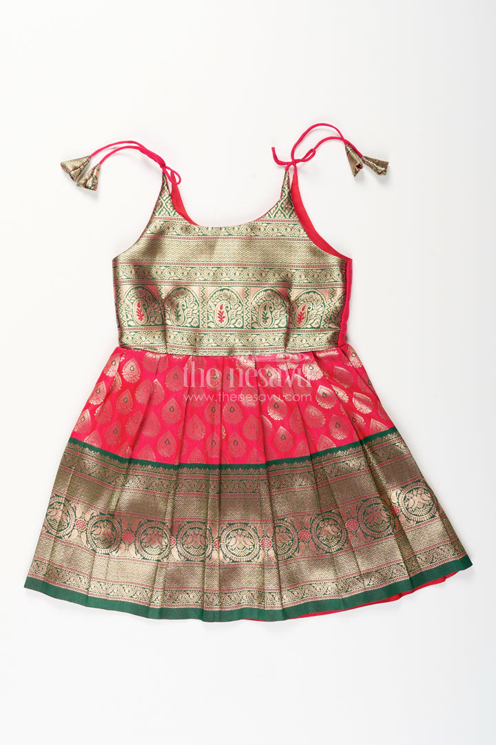 Semi Banaras silk tie-up frock for baby girl – green and red ethnic dress