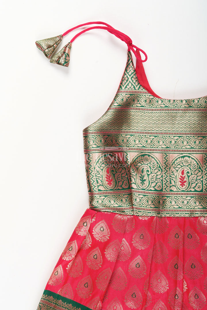 Semi Banaras silk tie-up frock for baby girl – green and red ethnic dress