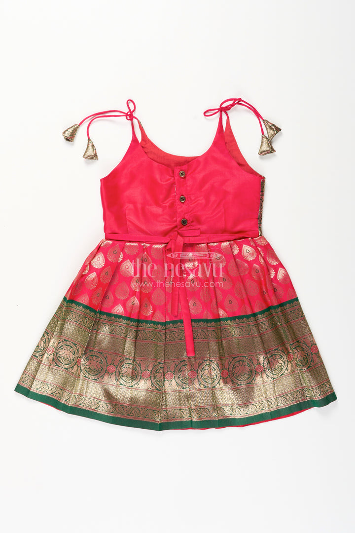 Semi Banaras silk tie-up frock for baby girl – green and red ethnic dress
