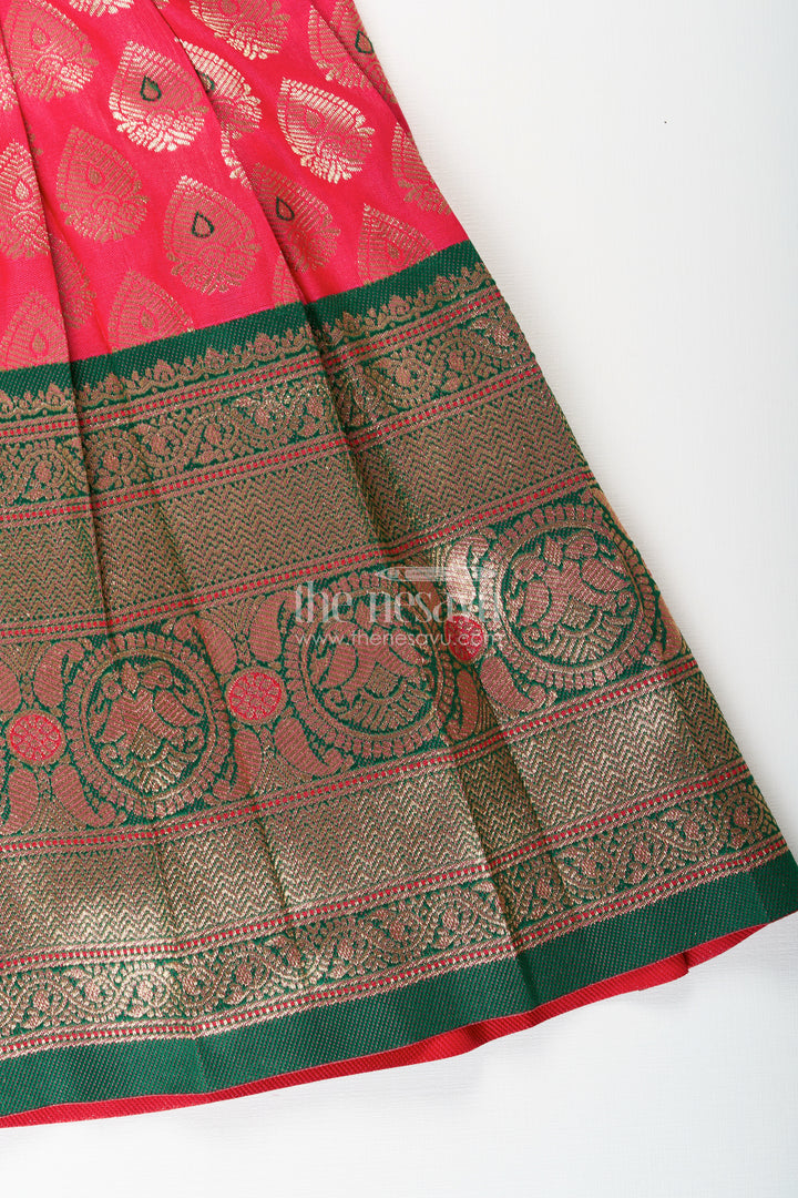 Semi Banaras silk tie-up frock for baby girl – green and red ethnic dress