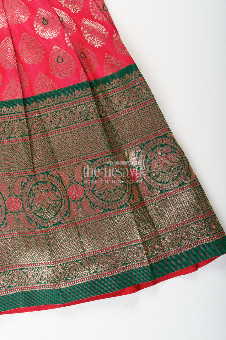 Semi Banaras silk tie-up frock for baby girl – green and red ethnic dress