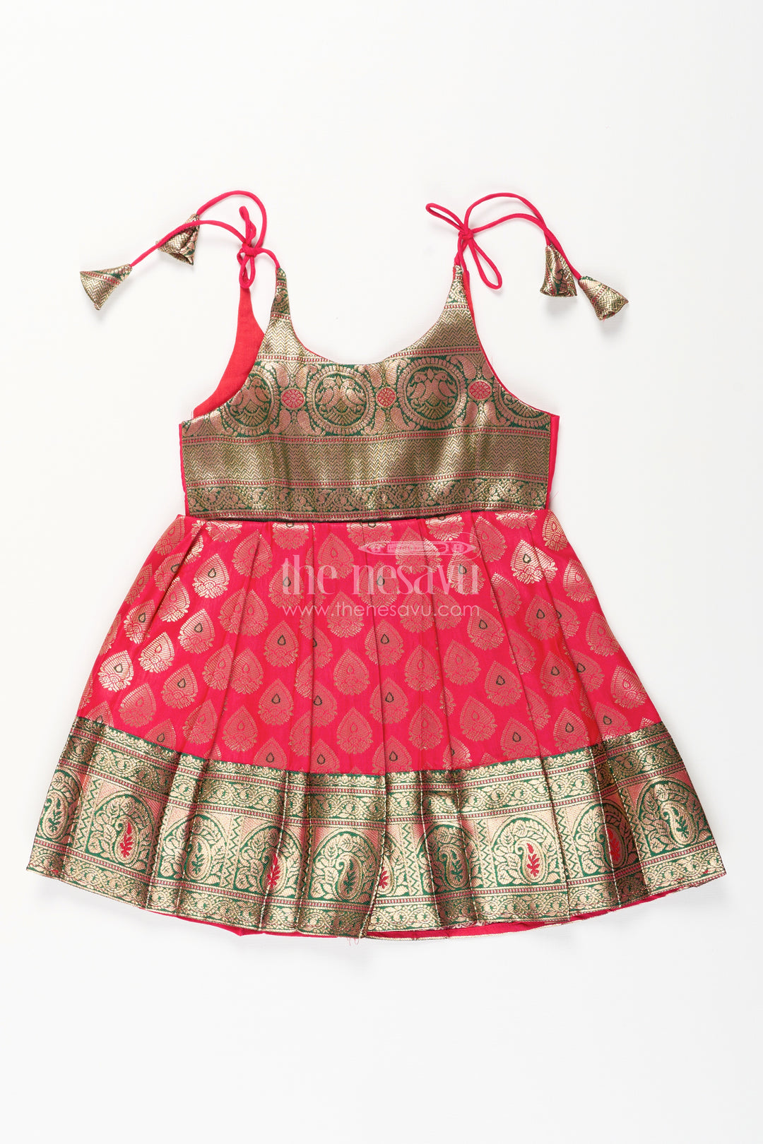 Semi Banaras silk tie-up frock for baby girl – green and red ethnic dress