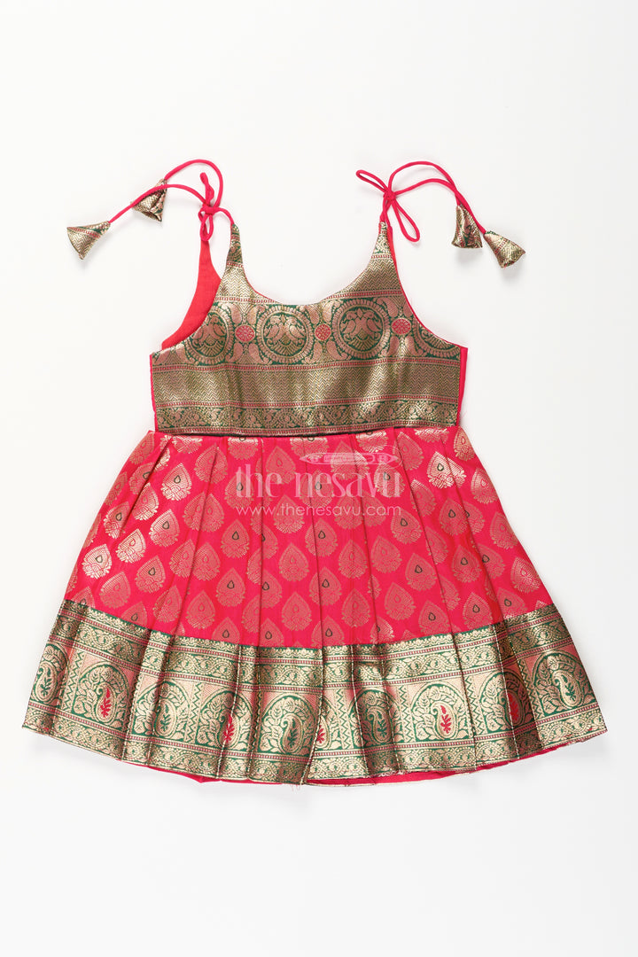 Semi Banaras silk tie-up frock for baby girl – green and red ethnic dress