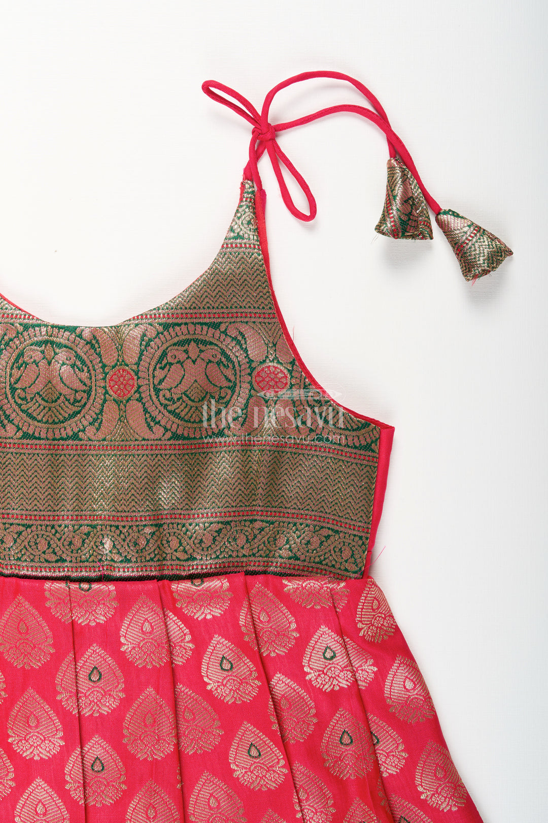Semi Banaras silk tie-up frock for baby girl – green and red ethnic dress