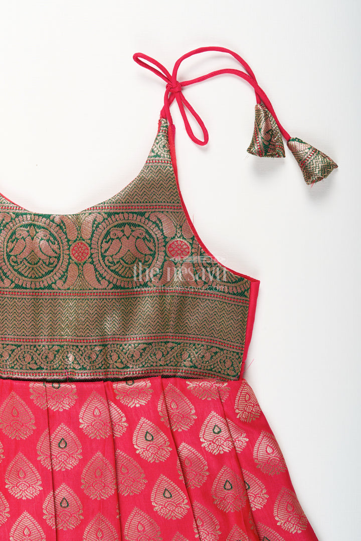 Semi Banaras silk tie-up frock for baby girl – green and red ethnic dress