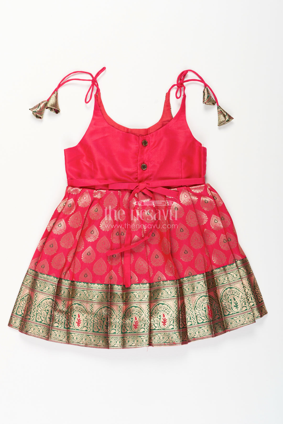 Semi Banaras silk tie-up frock for baby girl – green and red ethnic dress