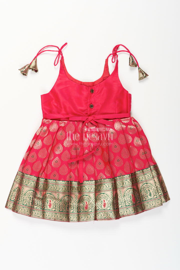 Semi Banaras silk tie-up frock for baby girl – green and red ethnic dress