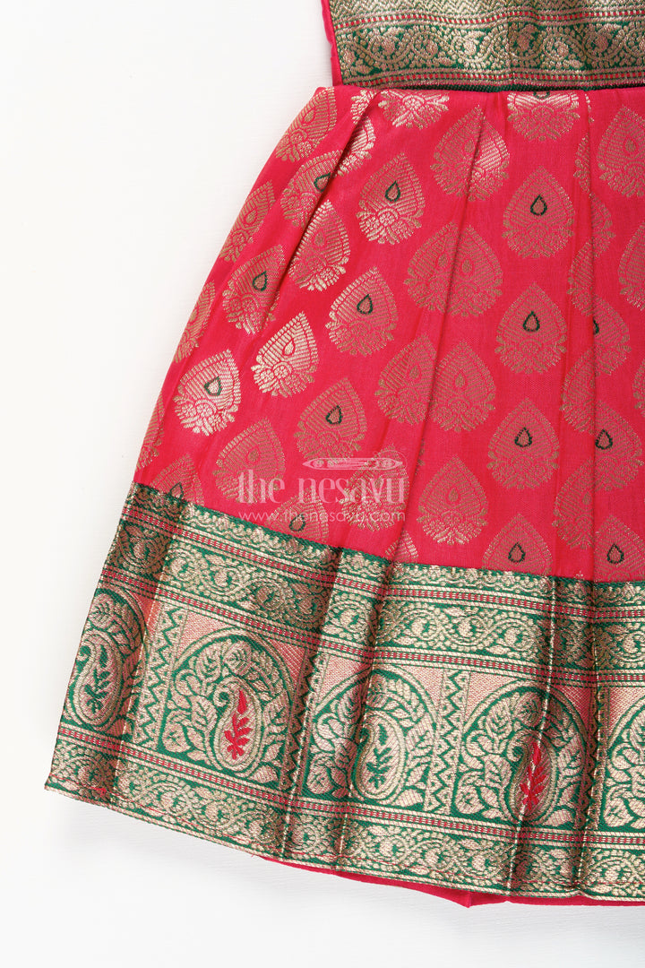 Semi Banaras silk tie-up frock for baby girl – green and red ethnic dress