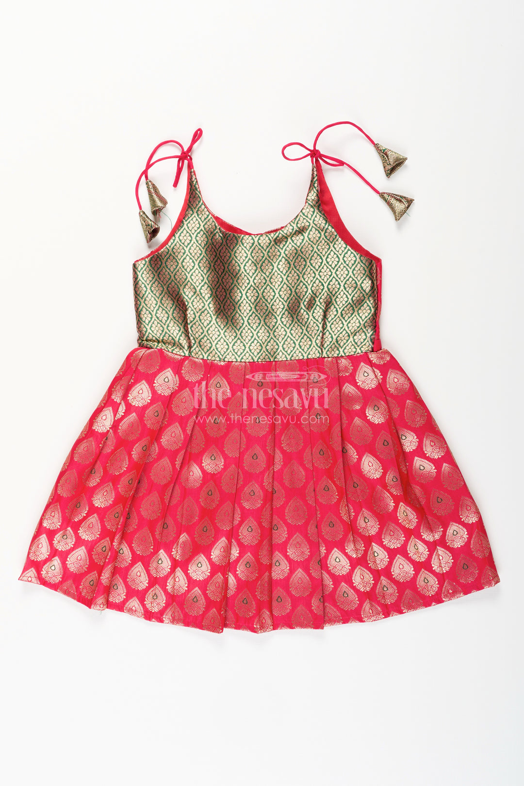 Semi Banaras silk tie-up frock for baby girl – green and red ethnic dress