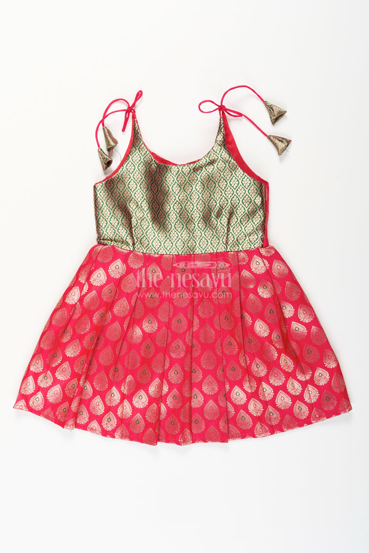 Semi Banaras silk tie-up frock for baby girl – green and red ethnic dress