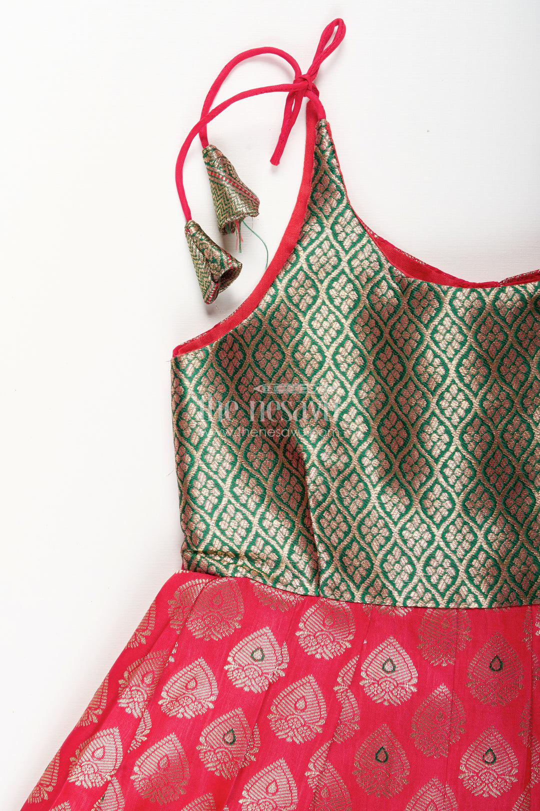 Semi Banaras silk tie-up frock for baby girl – green and red ethnic dress