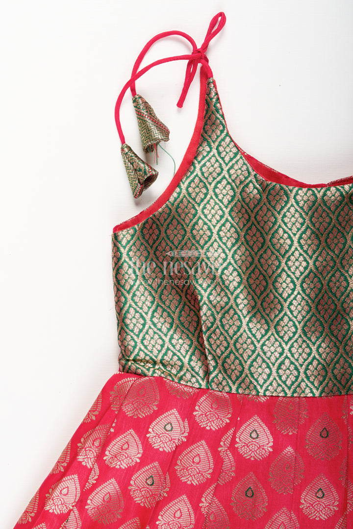 Semi Banaras silk tie-up frock for baby girl – green and red ethnic dress