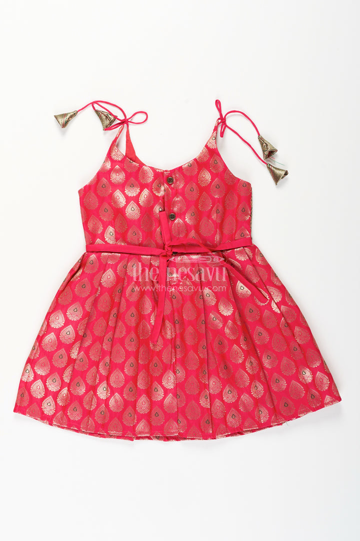 Semi Banaras silk tie-up frock for baby girl – green and red ethnic dress