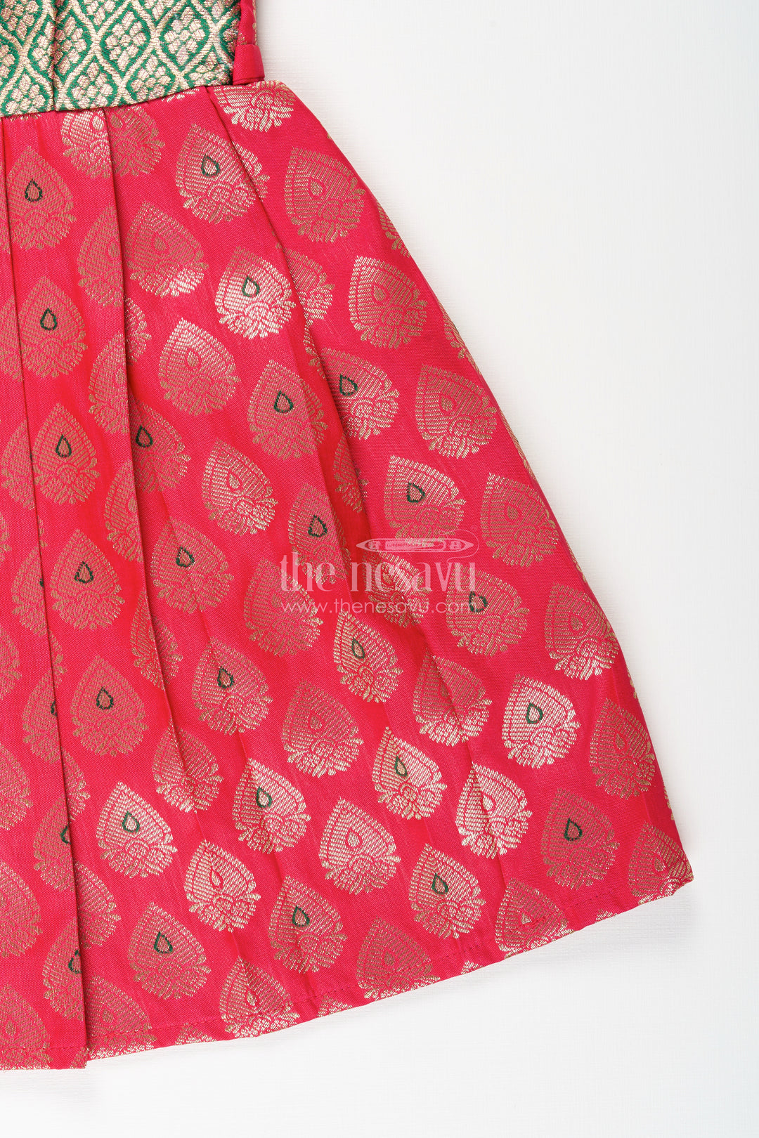 Semi Banaras silk tie-up frock for baby girl – green and red ethnic dress