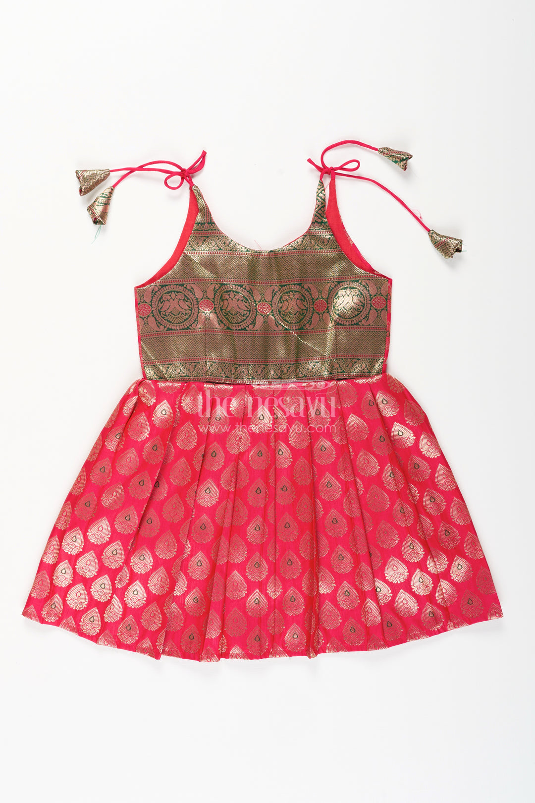 Semi Banaras silk tie-up frock for baby girl – green and red ethnic dress