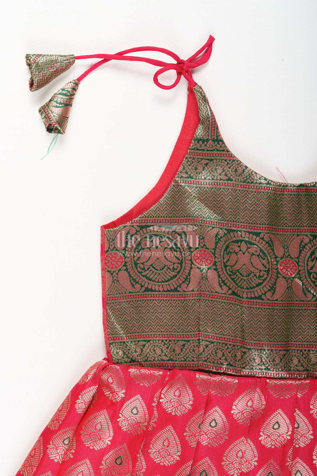 Semi Banaras silk tie-up frock for baby girl – green and red ethnic dress