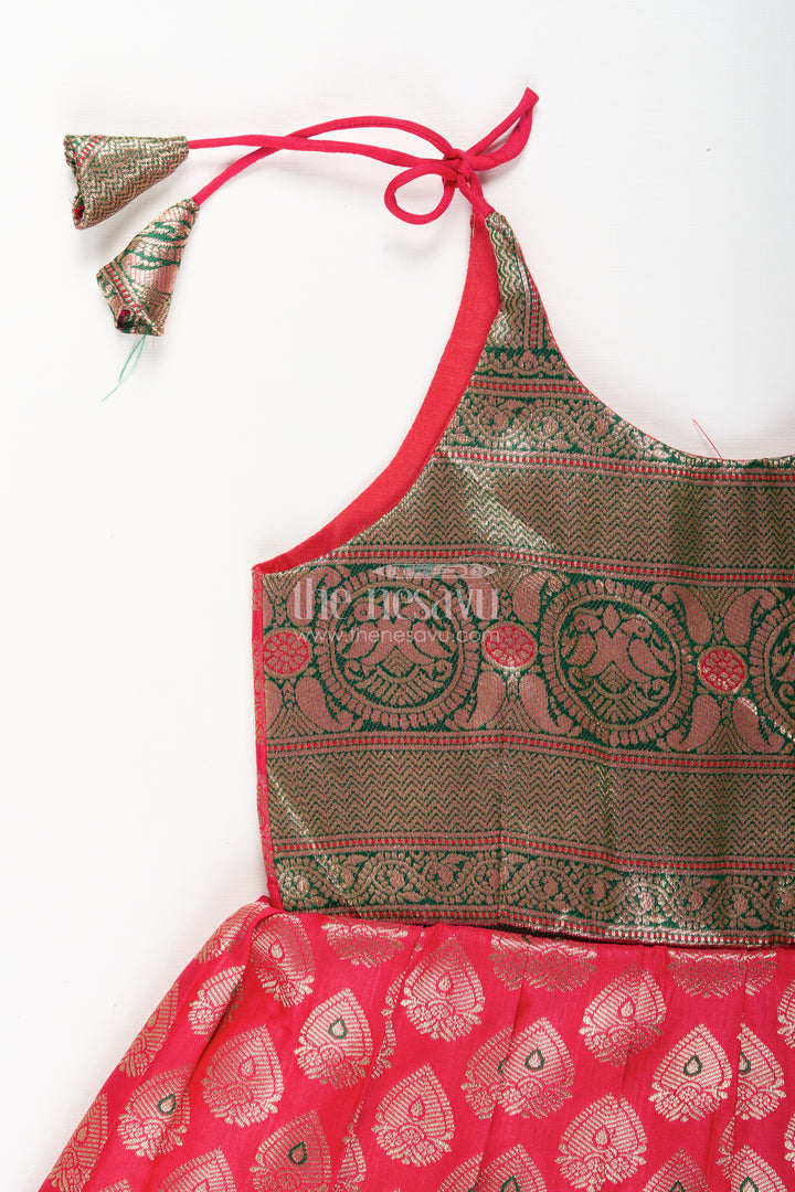 Semi Banaras silk tie-up frock for baby girl – green and red ethnic dress