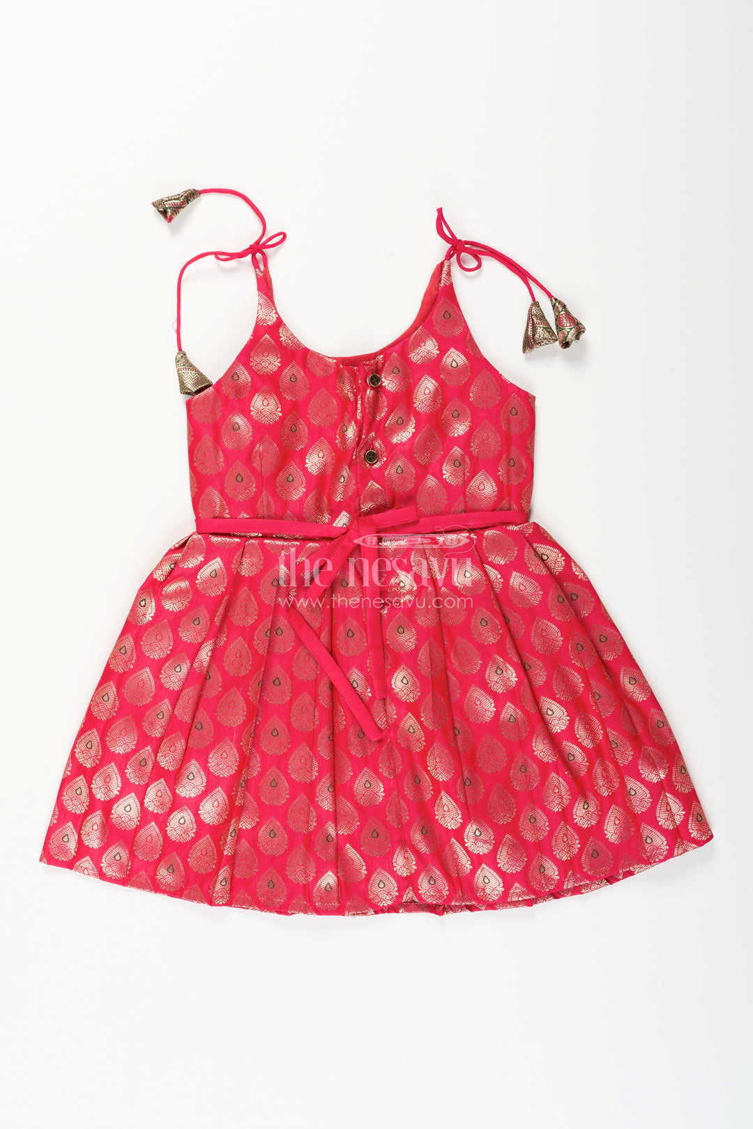 Semi Banaras silk tie-up frock for baby girl – green and red ethnic dress