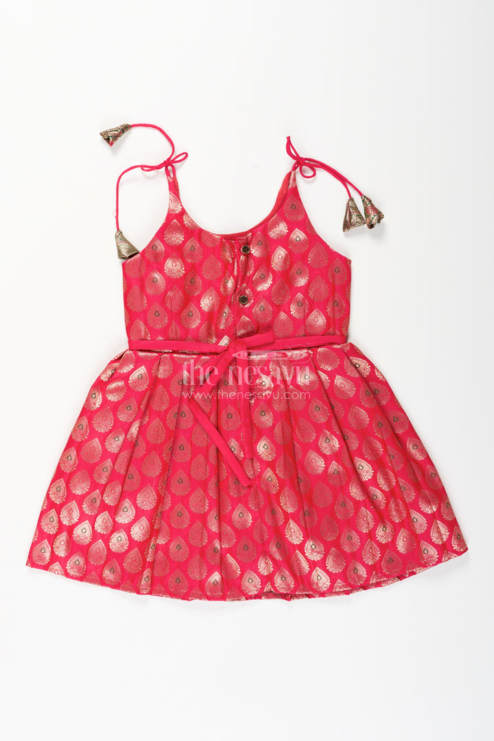 Semi Banaras silk tie-up frock for baby girl – green and red ethnic dress