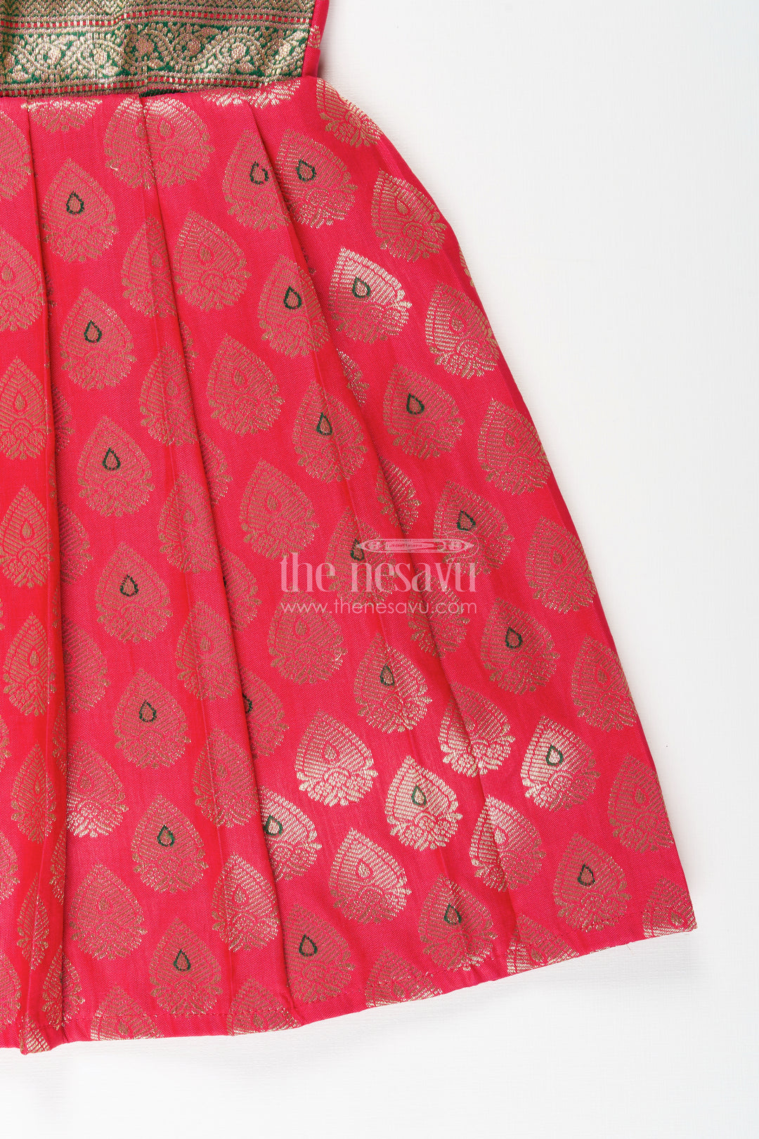 Semi Banaras silk tie-up frock for baby girl – green and red ethnic dress