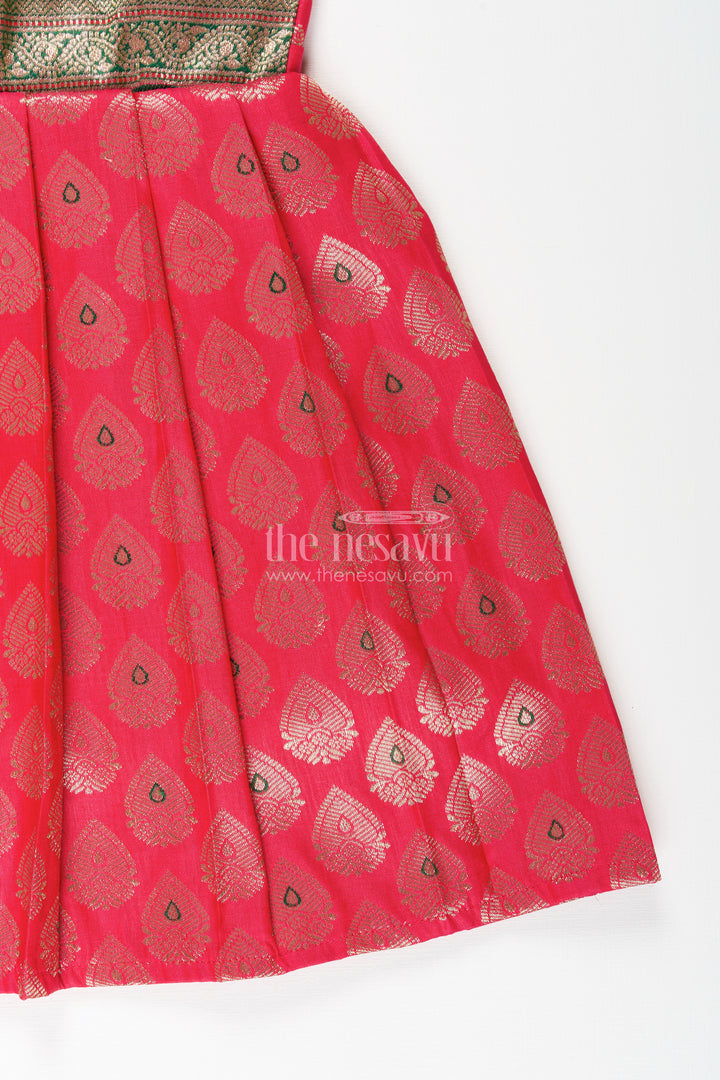 Semi Banaras silk tie-up frock for baby girl – green and red ethnic dress